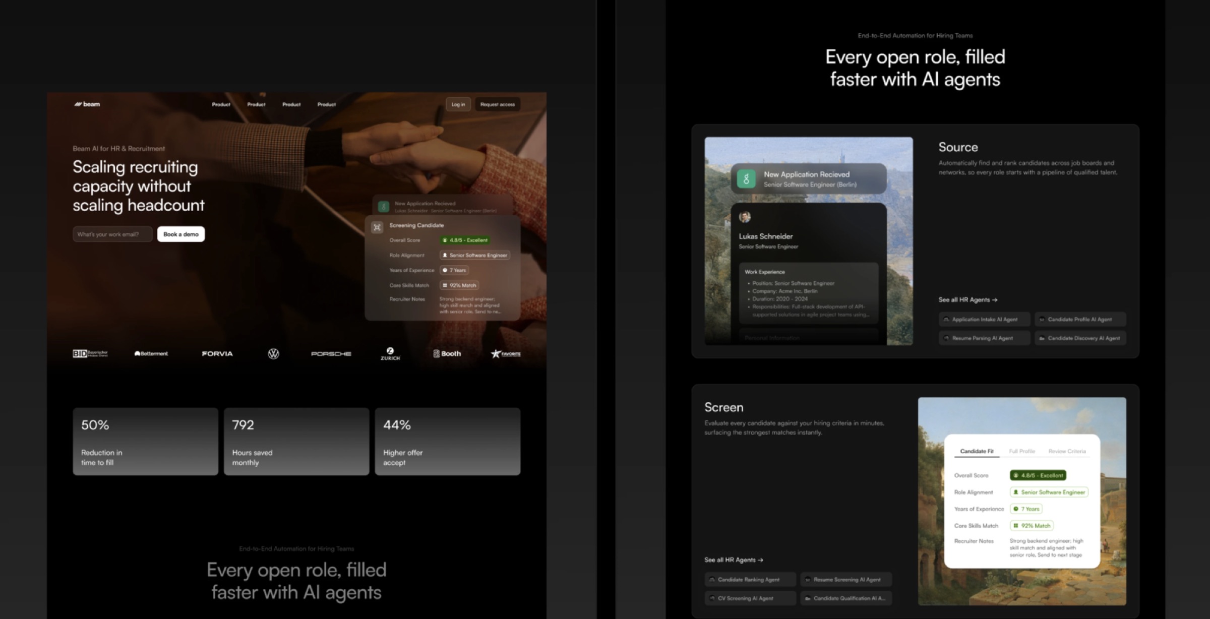 Beam AI website hero and product sections